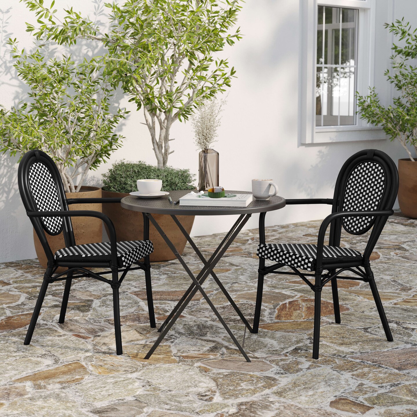 Merrick Lane Celia Set of Two Stacking Thonet Bistro Style Chair with Arms, PE Rattan Seat, and Metal Frame for Indoor/Outdoor Use