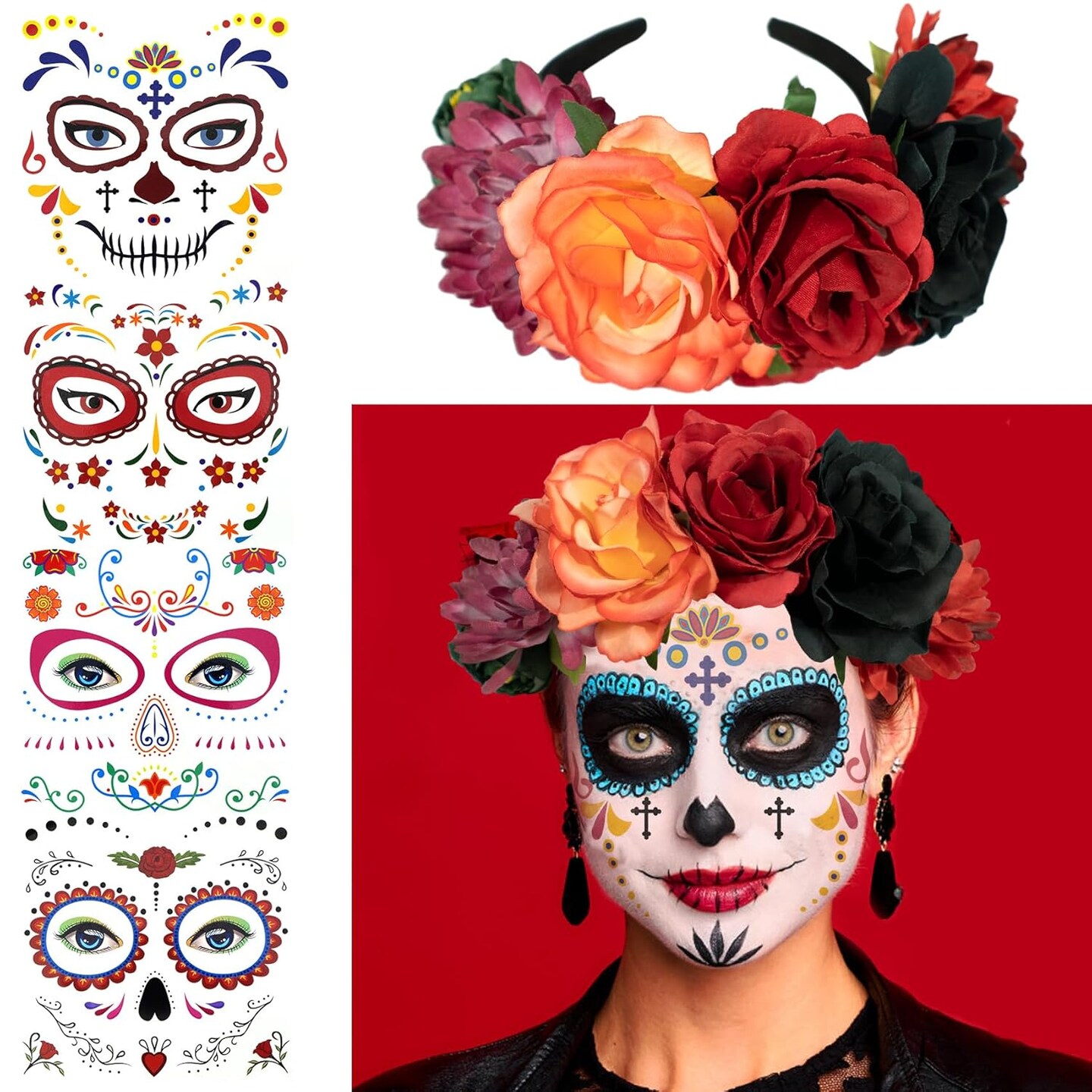 4 Kits Day of the Dead Makeup Face Tattoos for Men and Women with 1 Rose Red Flower Crown Headband for Halloween Party Supplies Cosplay Festival Masquerade Halloween Costume