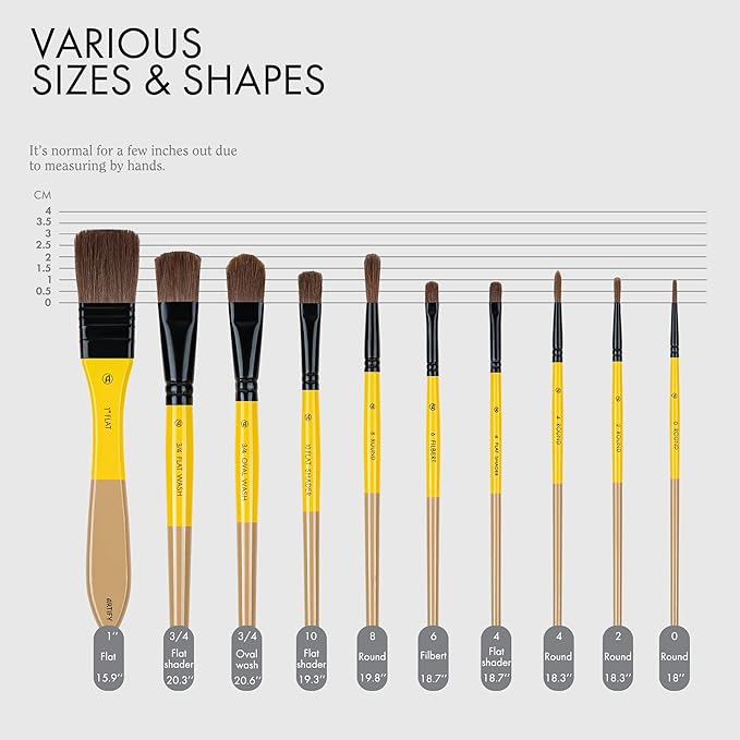 ARTIFY 10 Pieces Paint Brush Set, Intermediate Series, Includes a Carrying Case, Premium Horse Bristle Brushes for Acrylic, Watercolor, Oil and Gouache Painting (Yellow - Horse Hair)