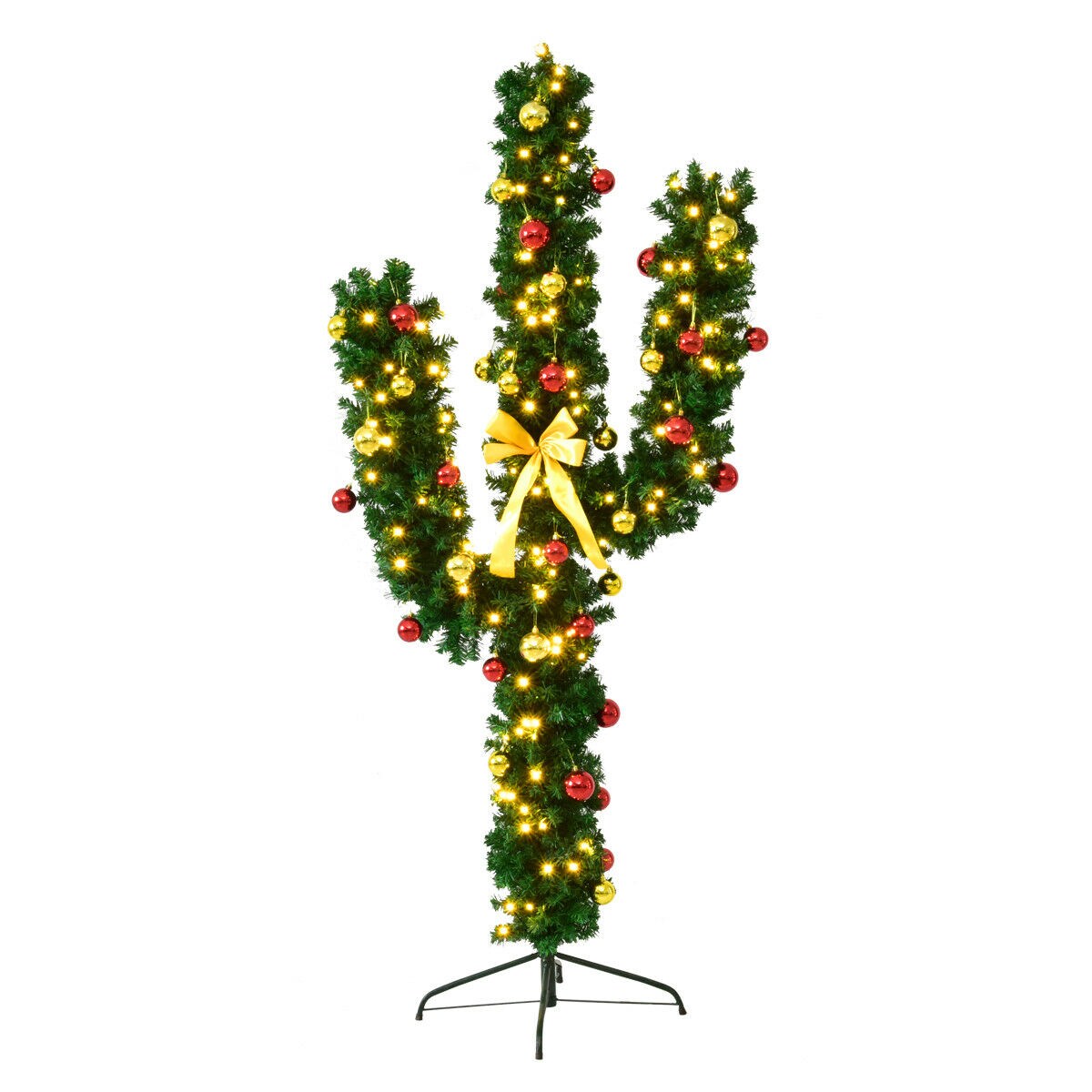 Costway Pre-Lit Cactus Christmas Tree 7Ft LED Lights Ball Ornaments
