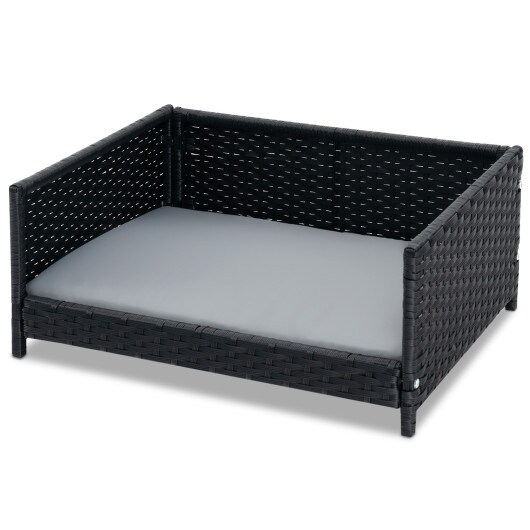 Rattan Dog Bed with Waterproof Soft Cushion for Medium Small Dogs Cats-Grey