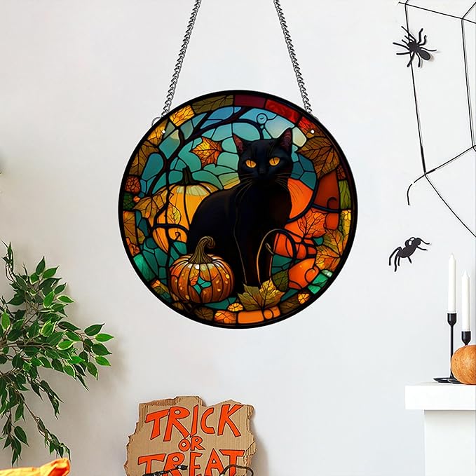 Halloween Blcak Cat Hanging Decorations Indoor with Suction Cup- Outdoor Scary Black Cat Hanging Decorations for Front Door Wall,Acrylic Halloween Wreaths for Front Door