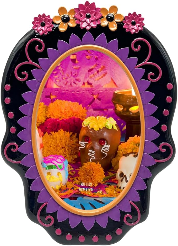 4X6 Sugar Skull Picture Frame For Photo Tabletop &#x26; Wall Display Hanging Display &#x26; Home D&#xE9;cor (4x6, Black with Fuchsia)