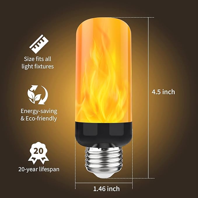 &#x3010;Upgraded&#x3011; LED Flame Light Bulbs, 4 Modes Flickering Light Bulbs with Gravity Sensor, E26 Fire Light Bulb for Halloween, Christmas, Party, Porch, Patio, Indoor Outdoor Decoration-4 Pack