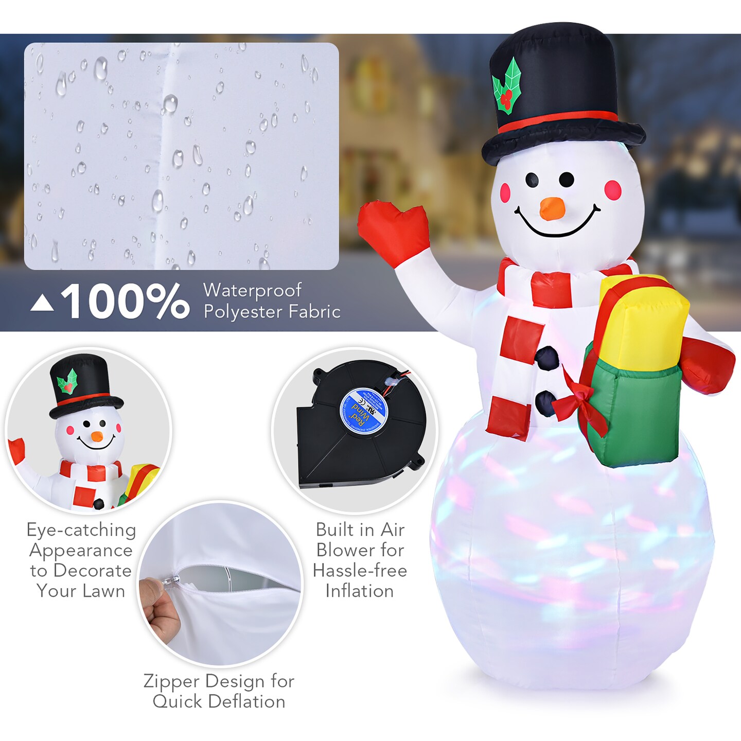 5 FT Tall Snowman Inflatable Blow up Inflatable w/Built-in Colorful LED Lights