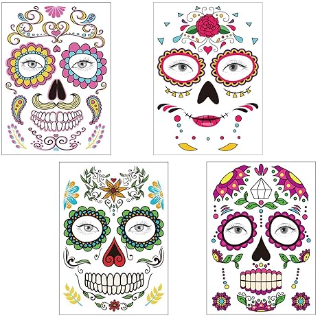 Day of the Dead Sugar Skull Tattoos Halloween Temporary Face Tattoos Sugar Skull Puppy Black Skeleton Web Red Roses Tattoo for kids Boys Girls Mexican Halloween Party Favor Supplies