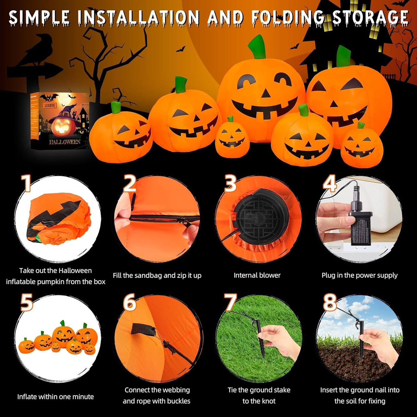 Outdoor Halloween Decorations 7.5 Ft Halloween Inflatables Pumpkins with Built-in LED Lights