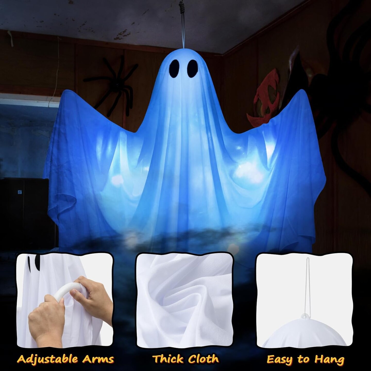 Large Size White Spooky Hanging Ghosts with Blue LED Lights Indoor Outdoor Front Yard Tree Porch