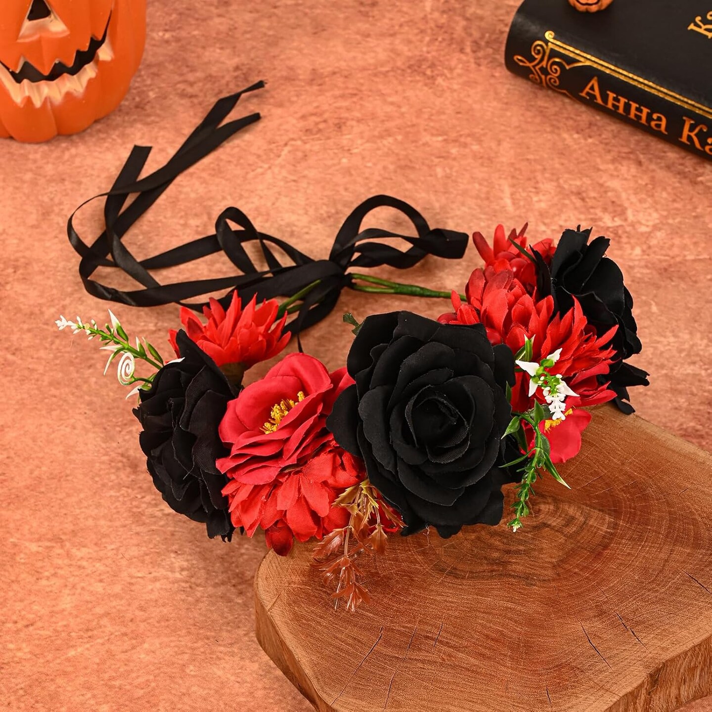 Day of The Dead Flower Headband Rose Flower Crown Headpiece (red black)