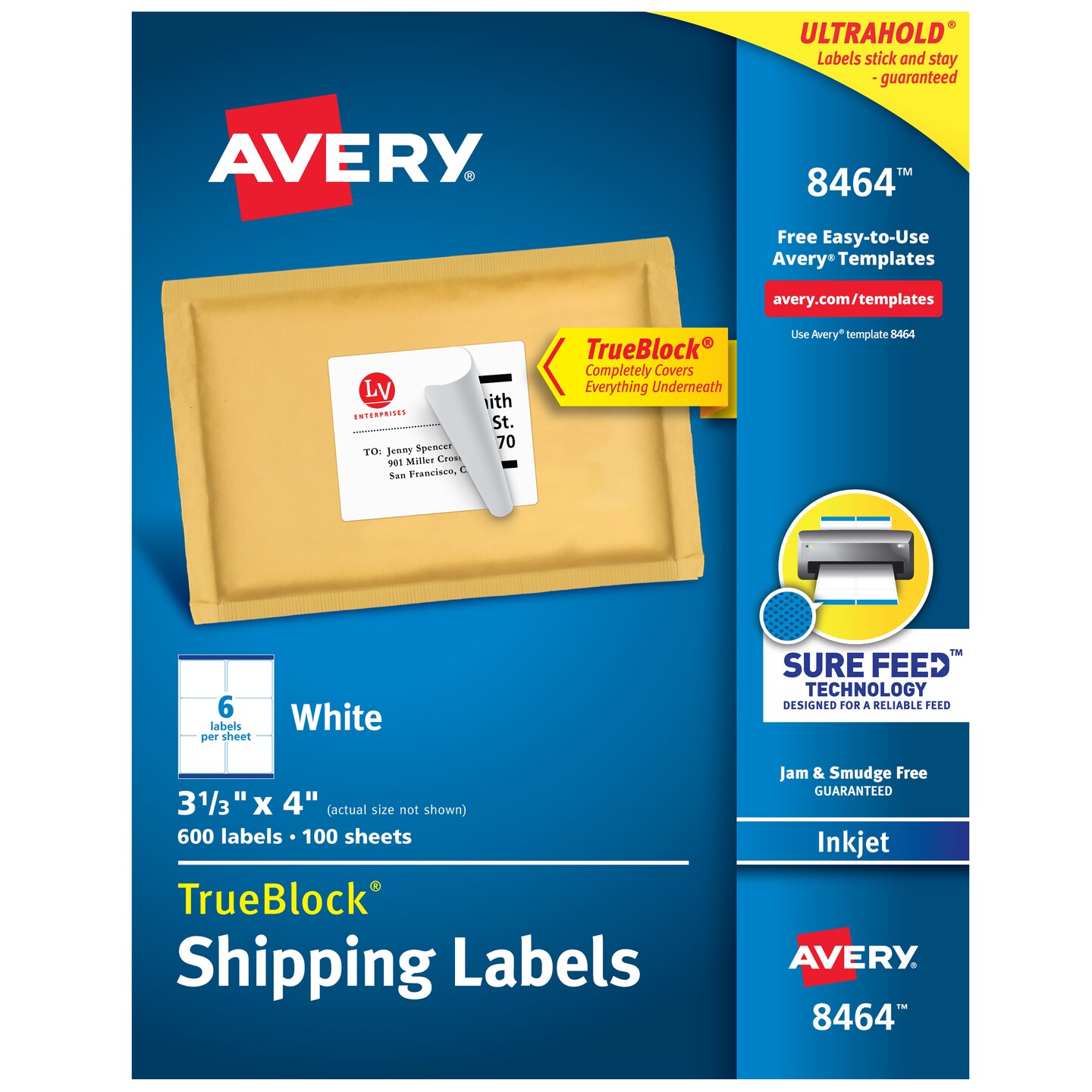 Avery TrueBlock Shipping Labels, Sure Feed Technology, Permanent Adhesive, 3-1/3&#x22; x 4&#x22;, 600 Labels (8464)