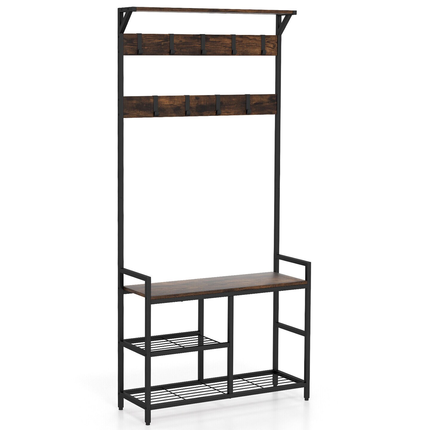 71" Freestanding Hall Tree with Shoe Bench and 9 Removable Hooks-Rustic Brown
