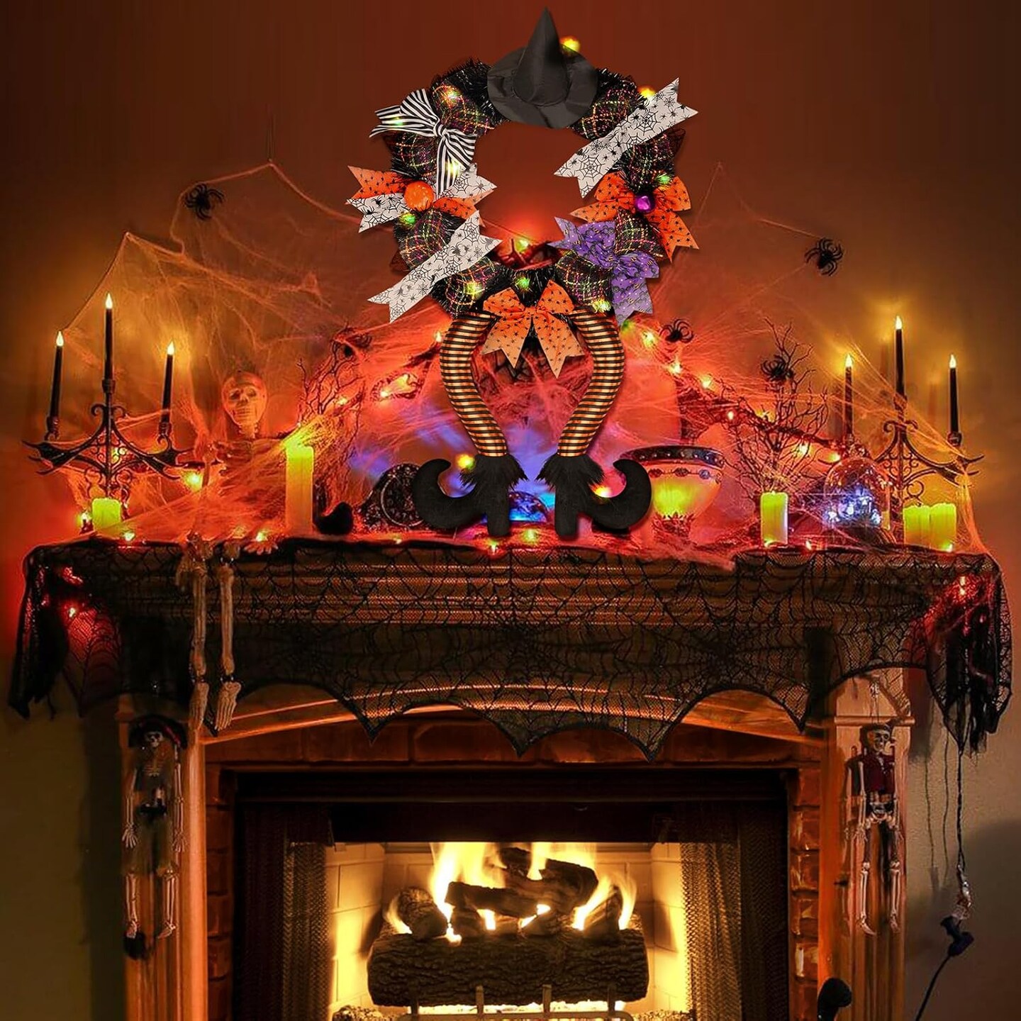 Halloween Wreath - 28 X 12'' Witch Wreaths for Front Door with Witch Hat Legs Pumpkin Harvest Silk Halloween Hanging Decor Wreath Sign Halloween Decorations for Door, Porch, Window,Indoor and Outdoor