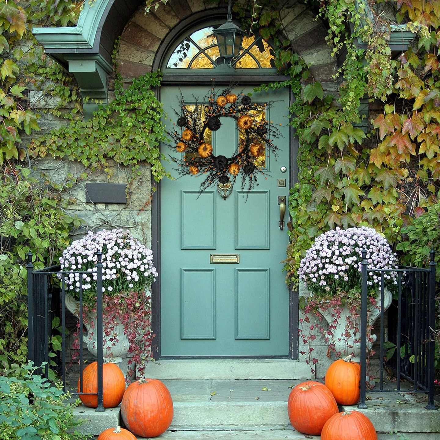 Halloween Wreath Autumn Wreath with Gold and Black Pumpkin for Front Door Indoor Outdoor Farmhouse Festival Home Decor
