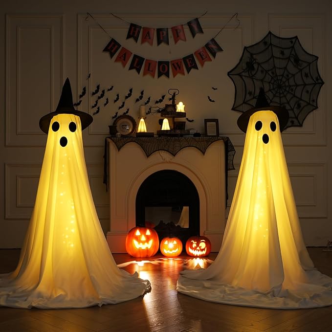 [Timer] 2Packs Halloween Decorations Outdoor, Cute Halloween Decorations Indoor, Spooky Ghost Halloween Decor with Witch Hat, Scary Ghosts Decor with LED Lights for Front Porche Yard Garden Home