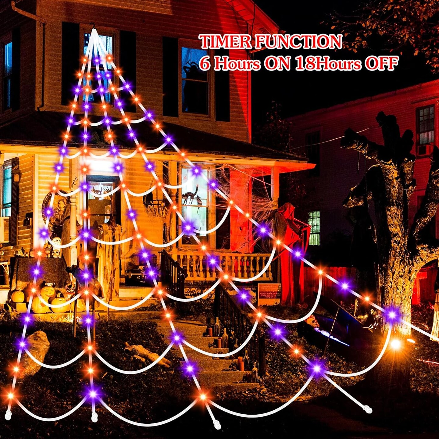 Halloween Decorations Spider Webs Lights: 150 Purple &#x26; Orange LED Halloween Lights Decor Outdoor, 17.4Ft Giant Spiderweb with 8 Lighting Modes Waterproof &#x26; Timer, Halloween Yard Decorations Outside