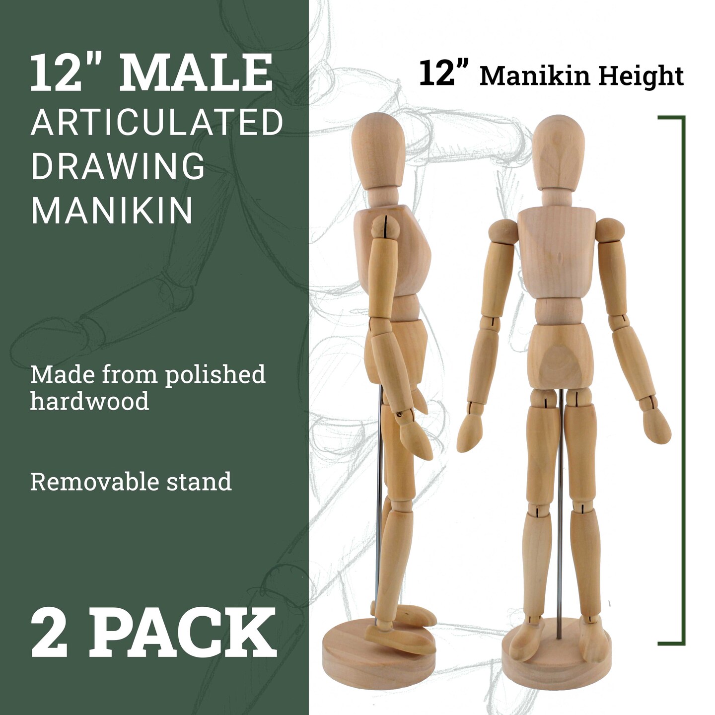 Wood 12&#x22; Artist Drawing Manikin Articulated Mannequin with Base and Flexible Body - Perfect For Drawing the Human Figure (12&#x22; Male) Pack of 2 Manikins