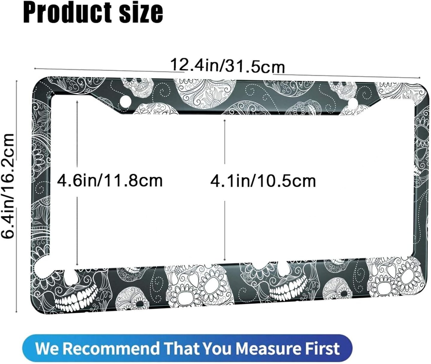Black and White Sugar Skull License Plate Frame