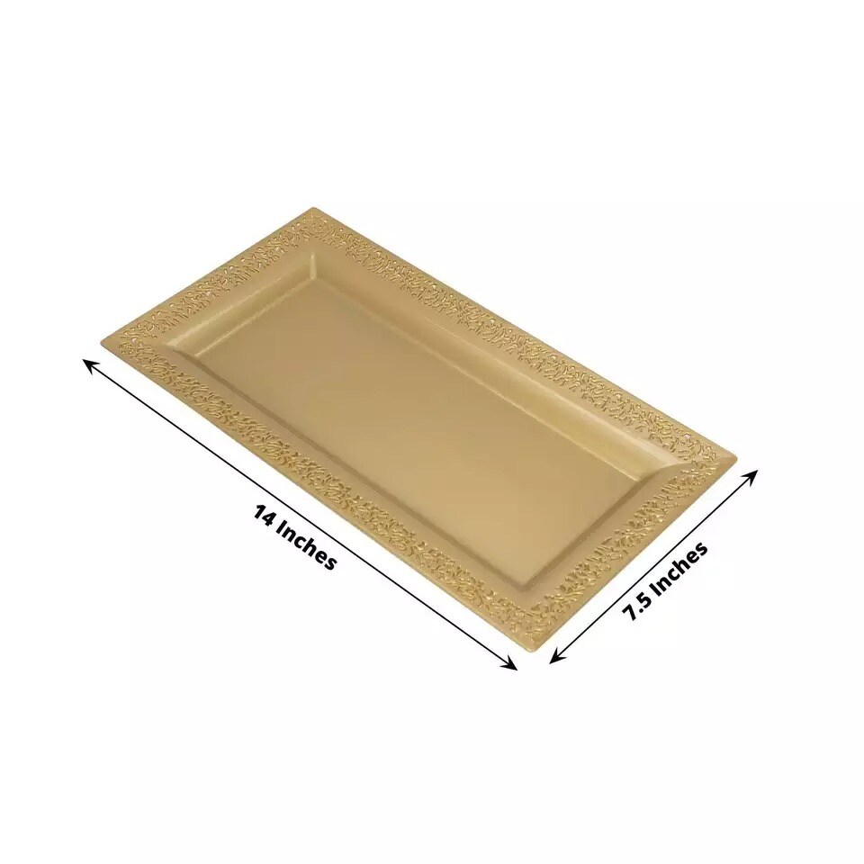 Gold 4 Plastic 14&#x22; Rectangle Serving Trays Lace Print Rim Design Party Events