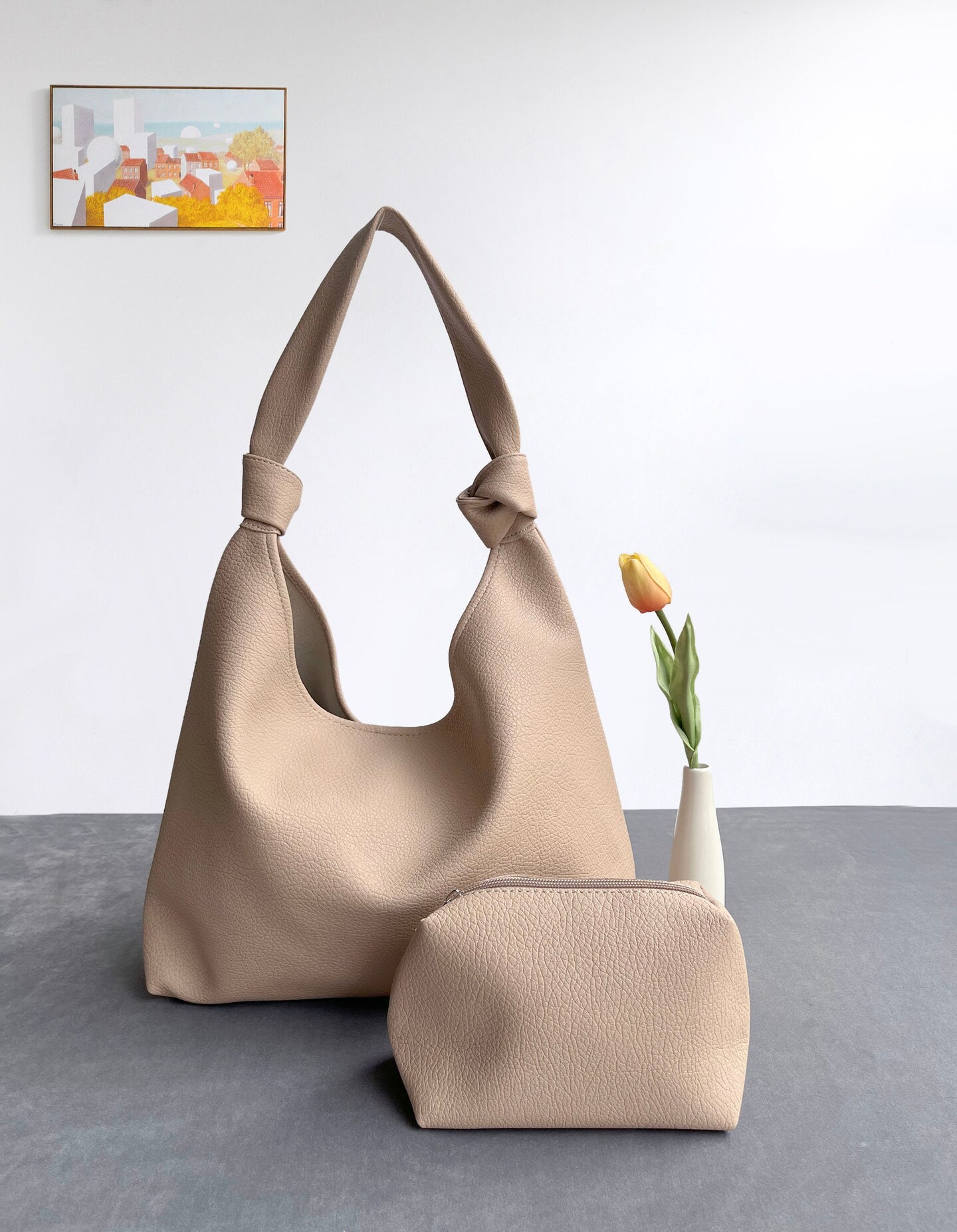 New outlet Vegan leather hobo bag.Knotted shoul