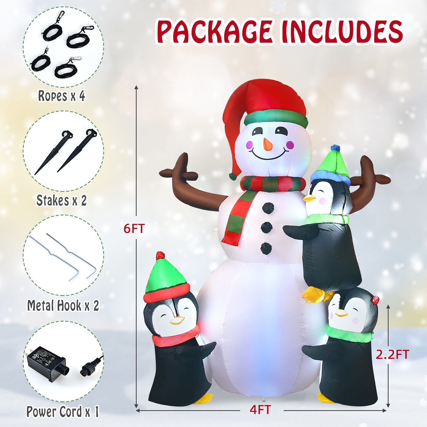 6ft Christmas Inflatable Snowman with Penguins Quick Blow up Snowman