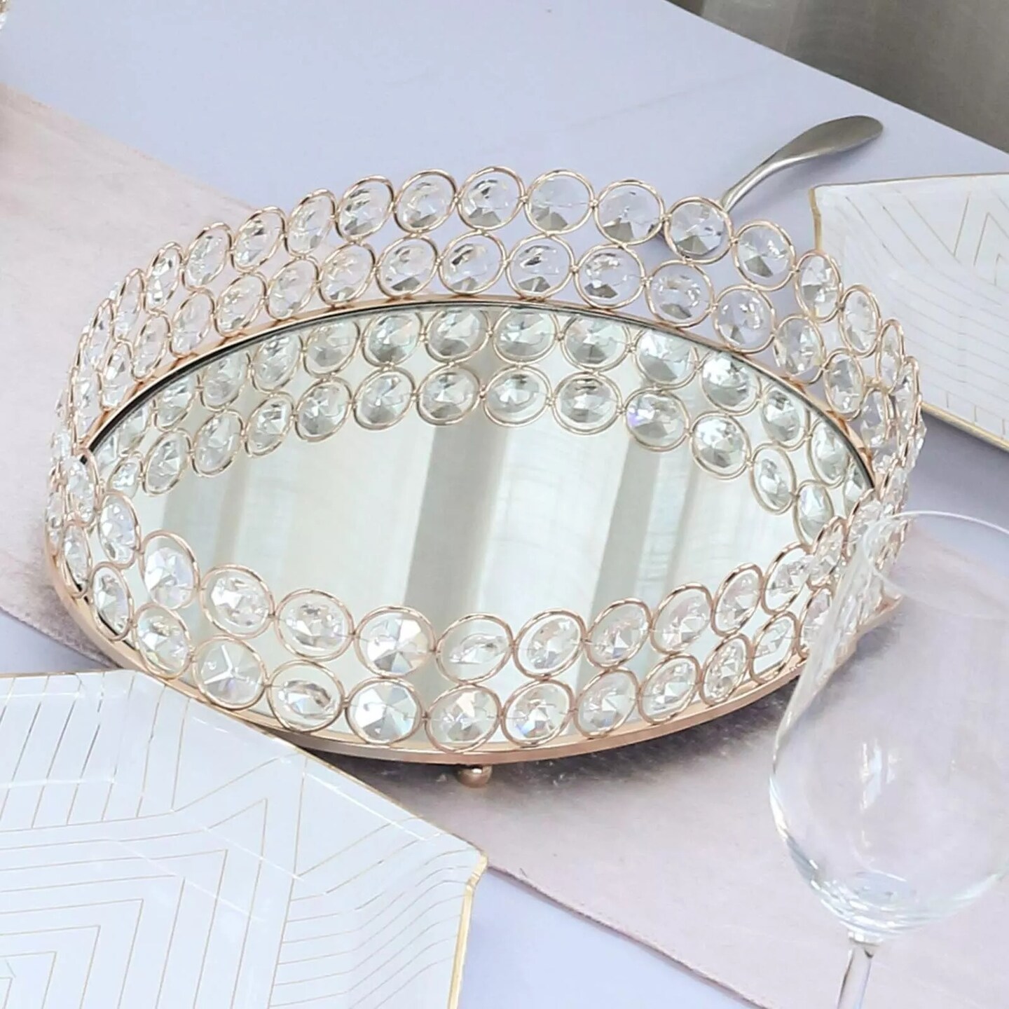 14&#x22;x10&#x22; Gold Metal Crystal Beaded Oval Mirror Serving Tray Wedding Decorations