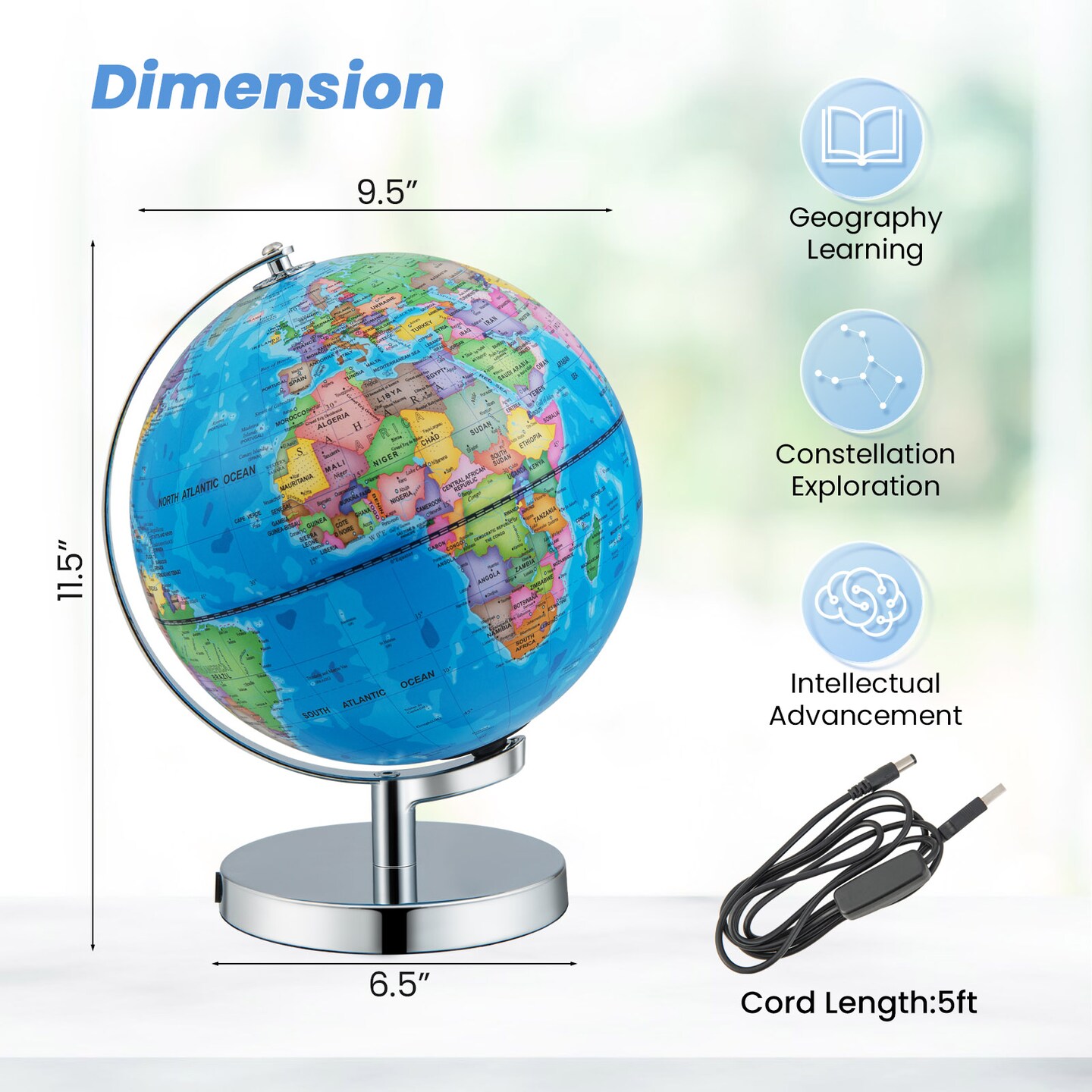 3-in-1 Illuminated World Globe with Stand and  88 Constellations