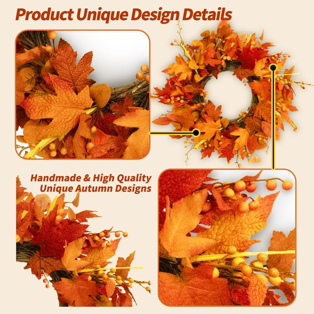 Fall Outdoor Wreaths for Front Door 22 Inch, Autumn Wreath with Orange Berries, Fall Maple Leaf Wreath for Farmhouse, Thanksgiving Harvest Window Decor