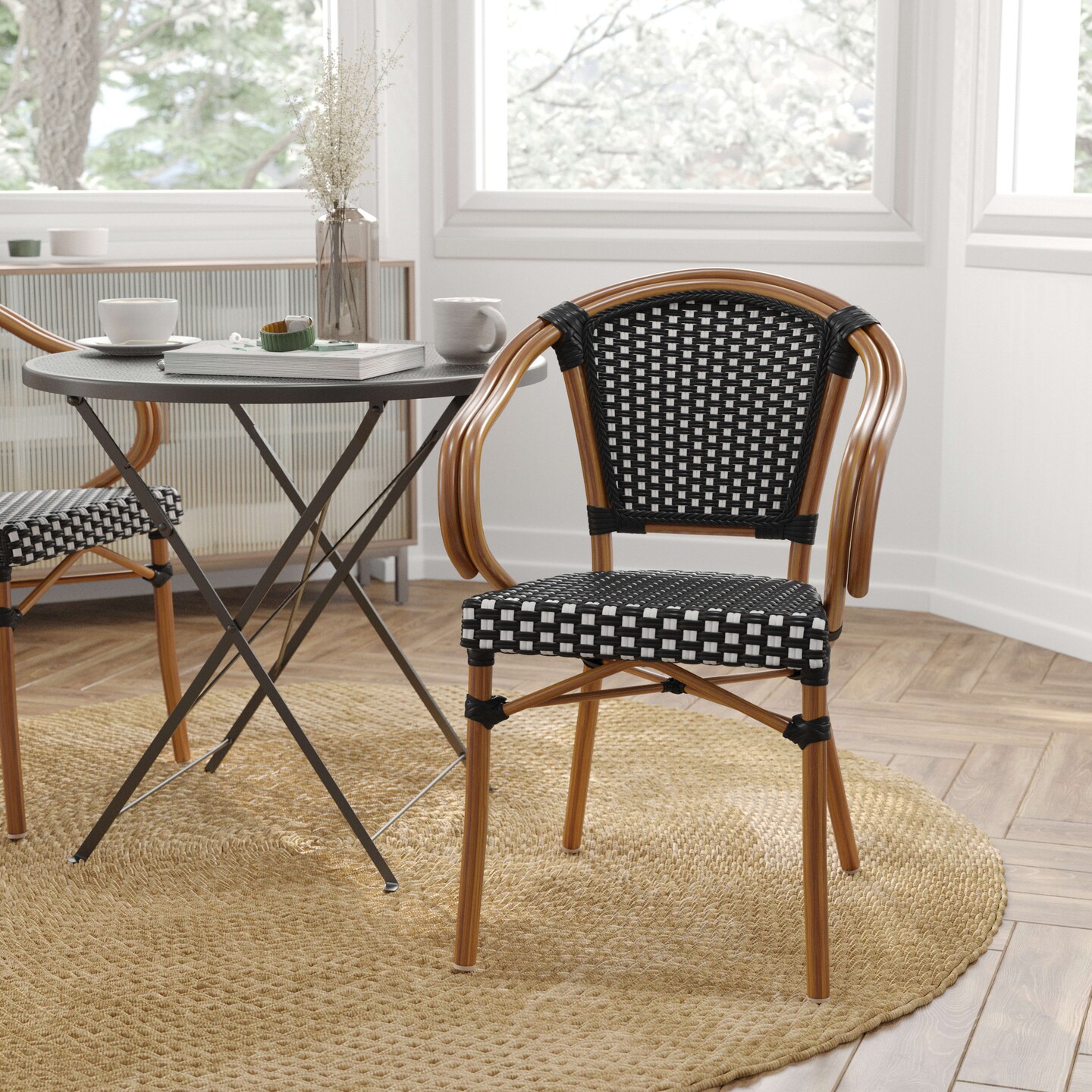 Merrick Lane Sacha Stacking Thonet Bistro Style Chair with Arms, PE Rattan Seat, and Bamboo Finished Metal Frame for Indoor/Outdoor Use