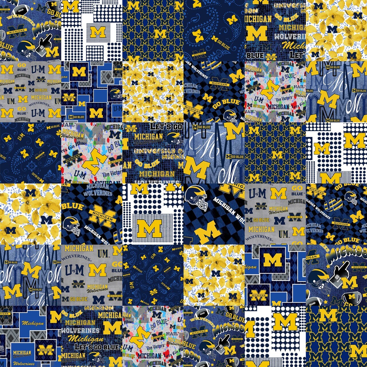 Sykel Enterprises-University of Michigan Cheater Quilt Printed Cotton Fabric-Michigan Wolverines Cotton Fabric with Patchwork Cheater Quilt Print-60&#x201D; Width
