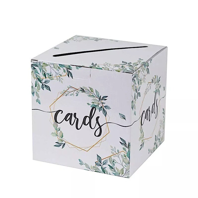 8" x 8" White Gold Greenery Theme Money Card Box Geometric Foil Print Events