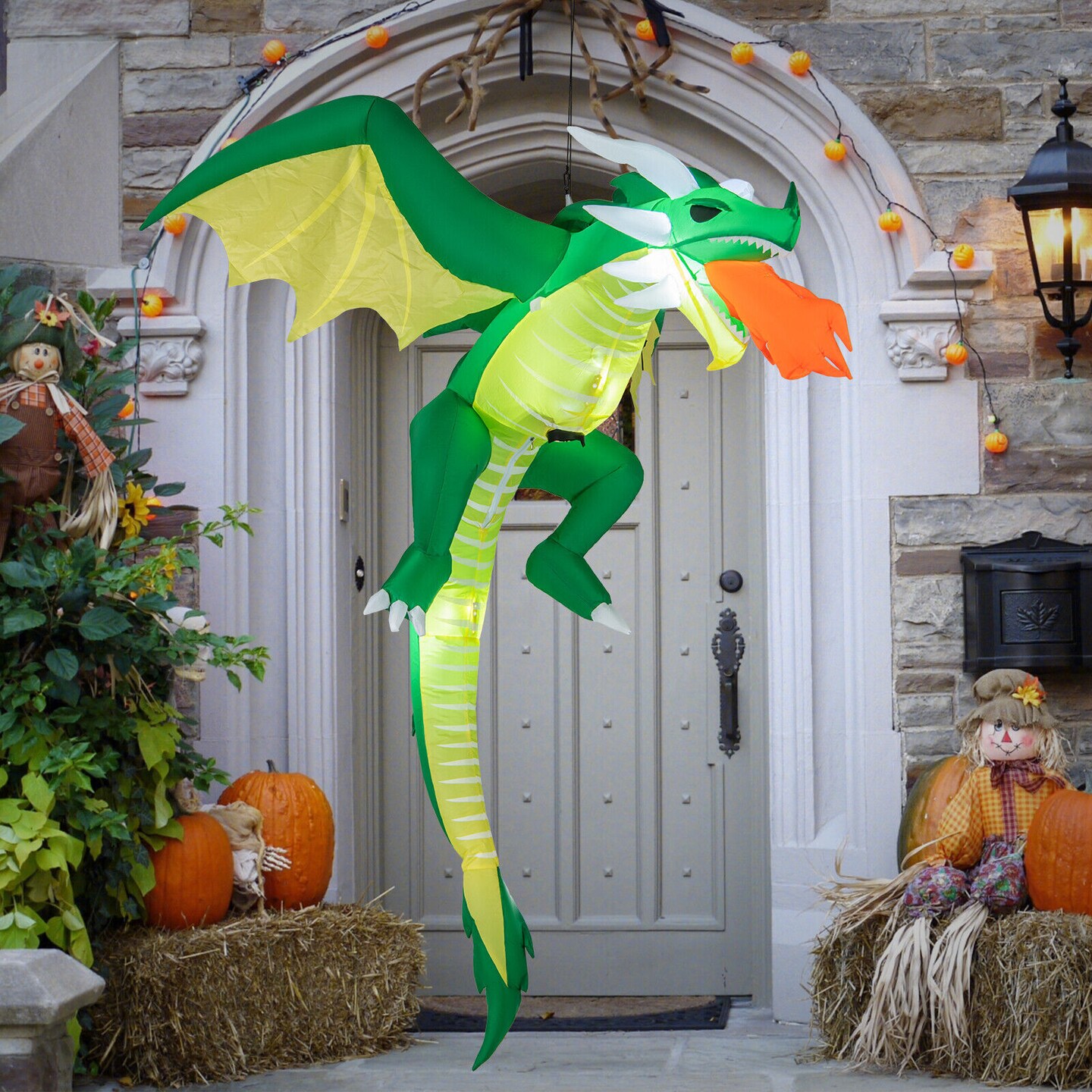 5.2ft Hanging Inflatable Dragon with LED Lights and Fire-Breathing for Outdoor Halloween Decoration