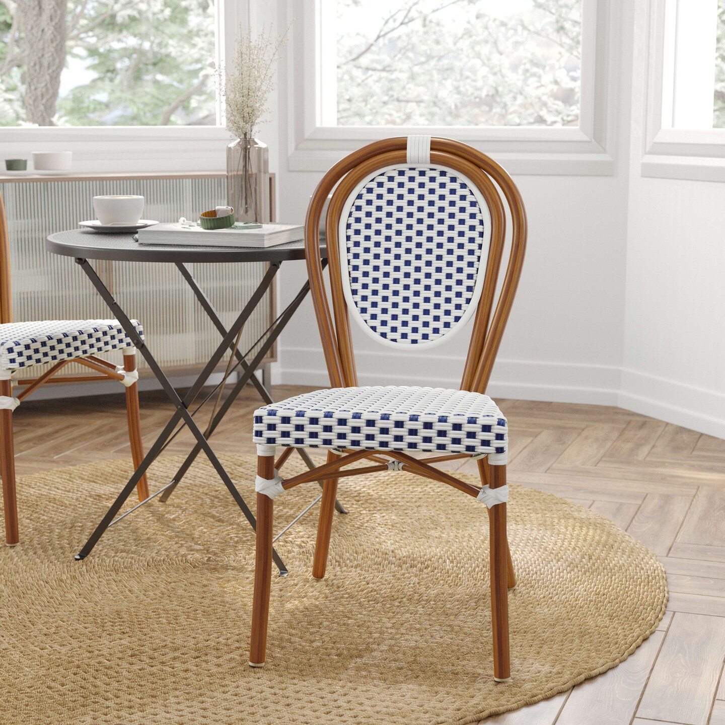 Merrick Lane Celia Stacking Thonet Bistro Style Chair, PE Rattan Seat, and Metal Frame for Indoor/Outdoor Use