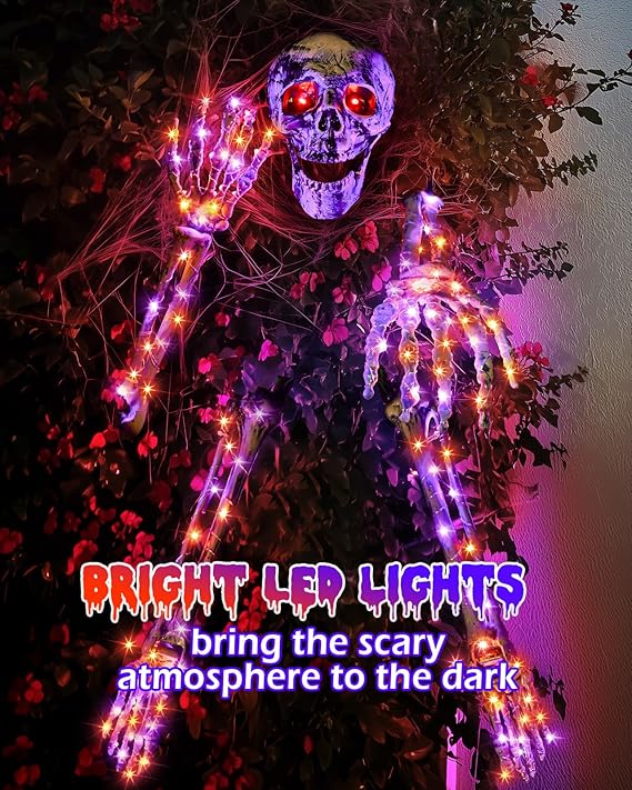 Halloween Decorations Outdoor Skeleton, Realistic Skull 5 Piece Set with 128 LED Lights Graveyard Bone, Glowing Stakes with Limbs for Yard Lawn Garden Party Decor (Orange &#x26; Purple)