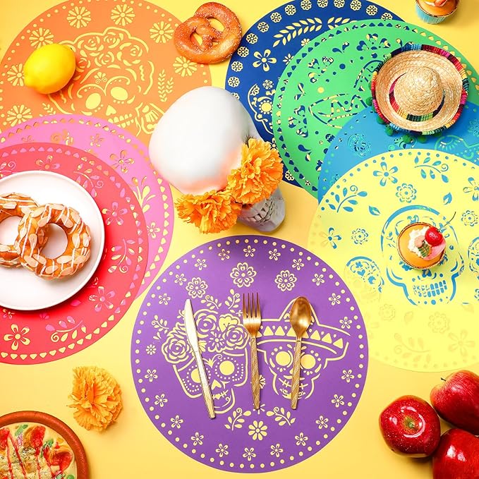 56 Pcs Day of The Dead Skull Placemats 13&#x22; x 13&#x22; Dia De Muertos Disposable Place Mat Paper Colorful Mexican Sugar Skulls Round Table Placemat for Halloween Table Decor Kitchen Dining