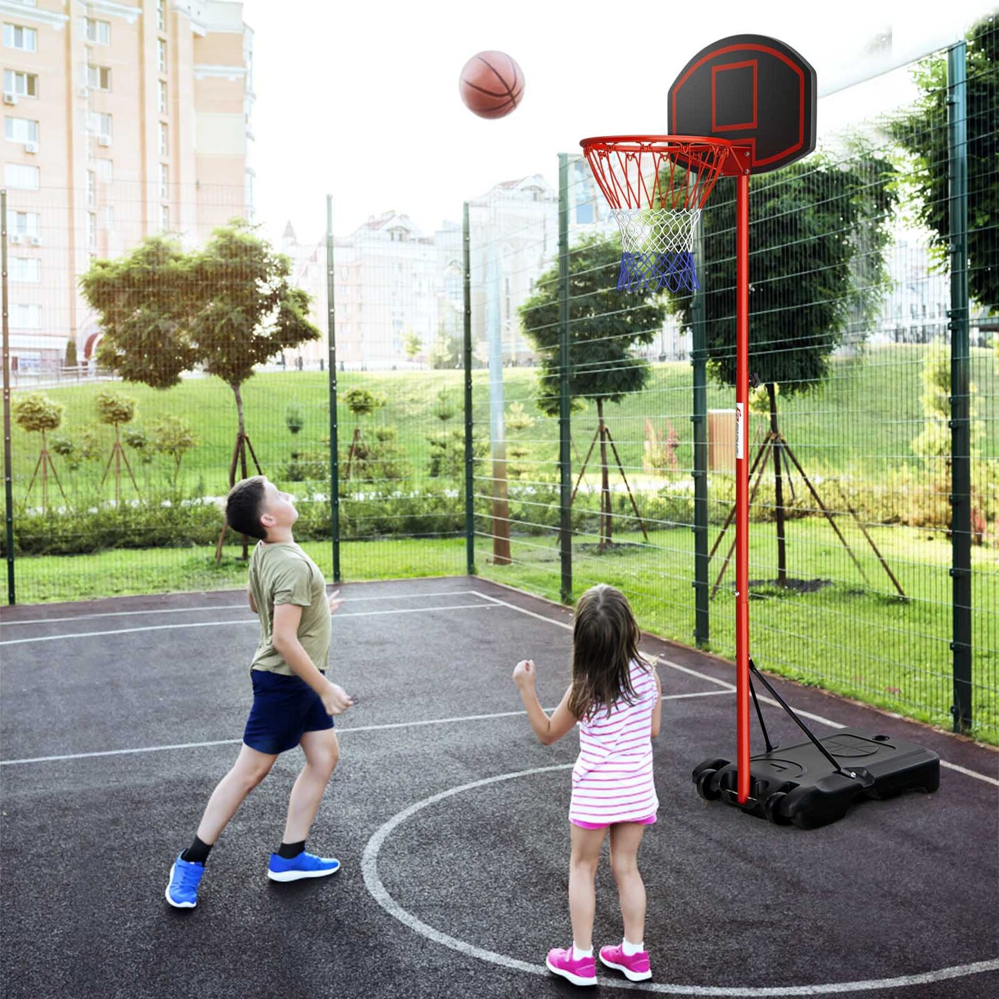 Adjustable Basketball Hoop System Stand Portable with 2 Wheels Fillable Base-Black &#x26; Red