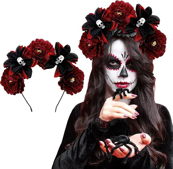 Halloween Skull Rose Headband Mexican Red