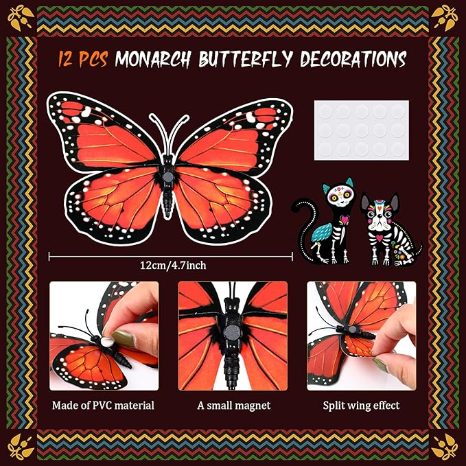 50 Pieces Marigold Flower Heads and 12 Monarch Butterfly for Dia De Los Muertos Decorations Diwali Indian Home DIY Wreath Garland Craft Halloween Day of The Dead Decorations(Multicolor)