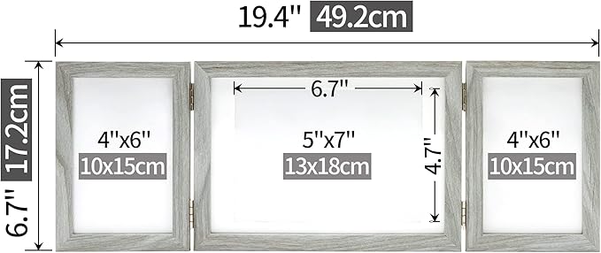 3 Picture Frame 4x6 and 5x7 Grey Photo Frames Collage Hinged Folding Triple 3 Openings Frames for Desk Wedding Birthday Gifts for Women Mom Grandma Couples Family, 2 * 4x6+1 * 5x7