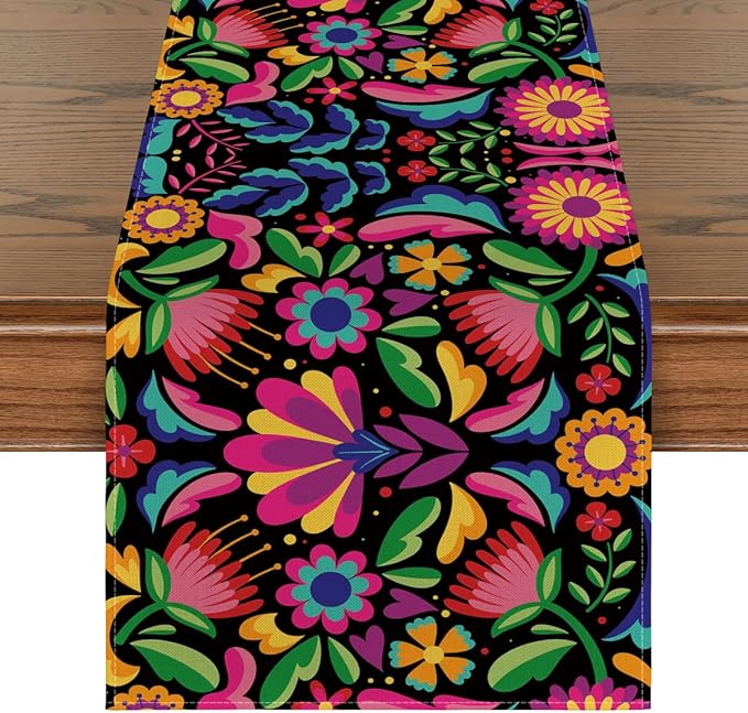 Floral Dia De Los Muertos Serape Fiesta Mexican Table Runner, Mexico Day of The Dead Kitchen Dining Table Decoration for Home Party Decor 13x108 Inch