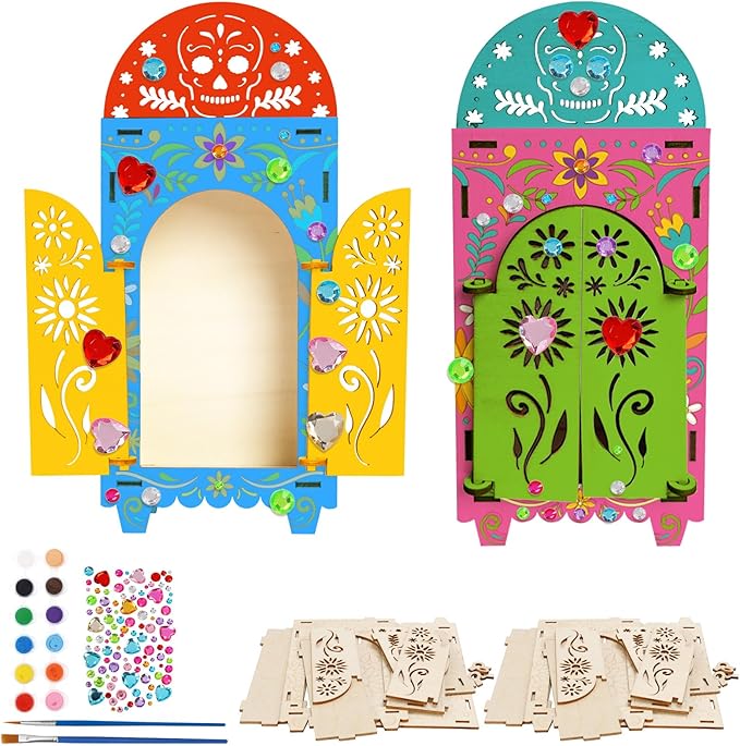 2 Pack Wooden Day of The Dead Craft Kits for Kids Make You Own Day of The Dead Box DIY Paint Day of The Dead Shadow Box for Halloween Party Decoration