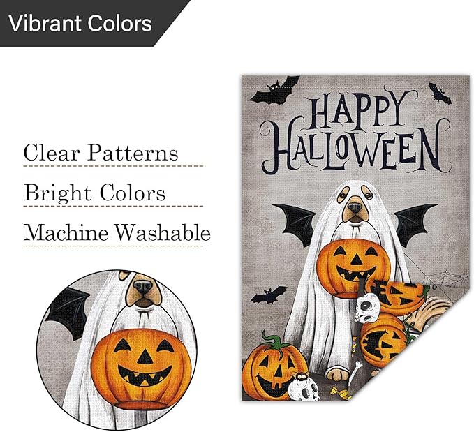 Happy Halloween Garden Flag with Ghost Golden Retriever Dog and Pumpkin 28x40 Inch Large Burlap Yard Holiday Welcome Decor Outdoor Outside House Flag (Only Flag)
