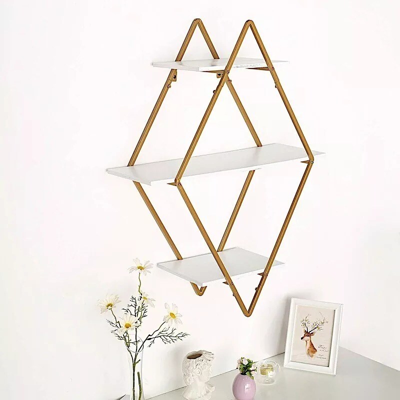 31&#x22; White Gold 3 Tier Diamond Metal Wood Geometric Hanging Shelf Party Events