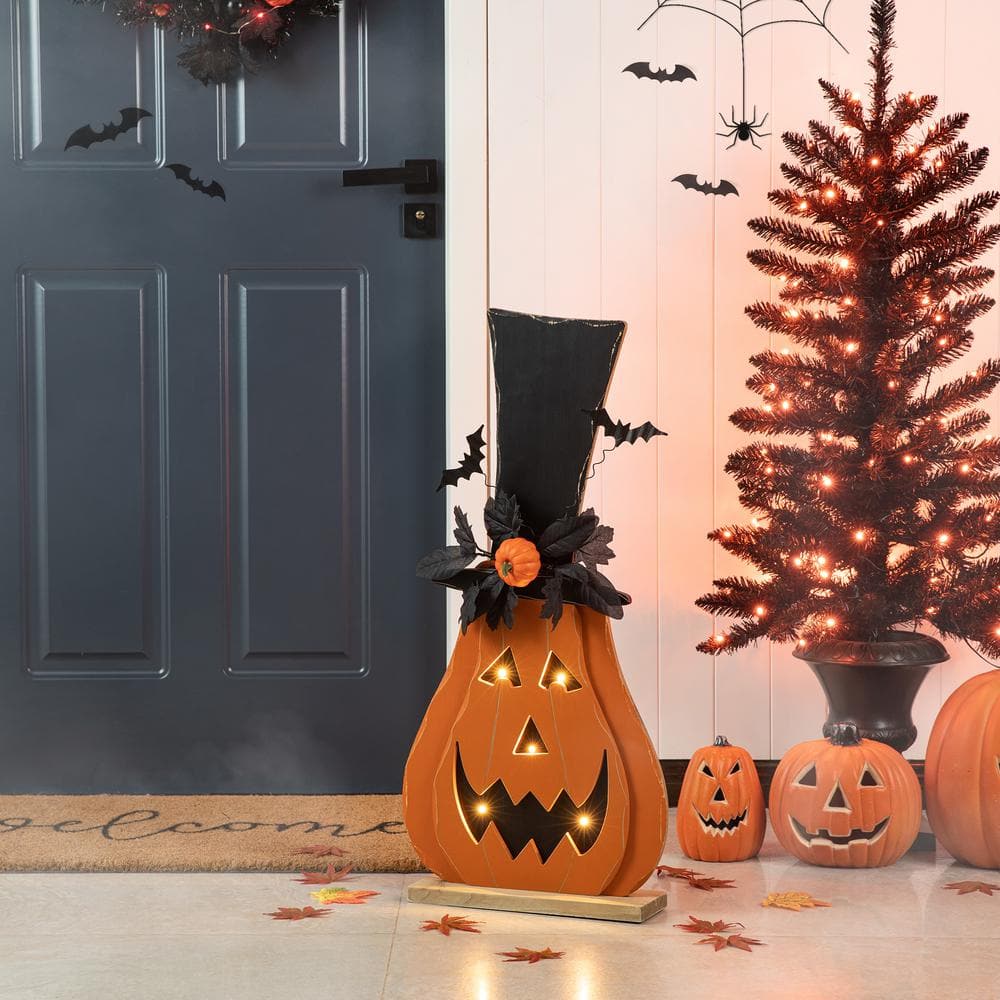 29.5 inch Halloween Lighted Wooden Jack O Lantern Porch Decor with Floral and Timer
