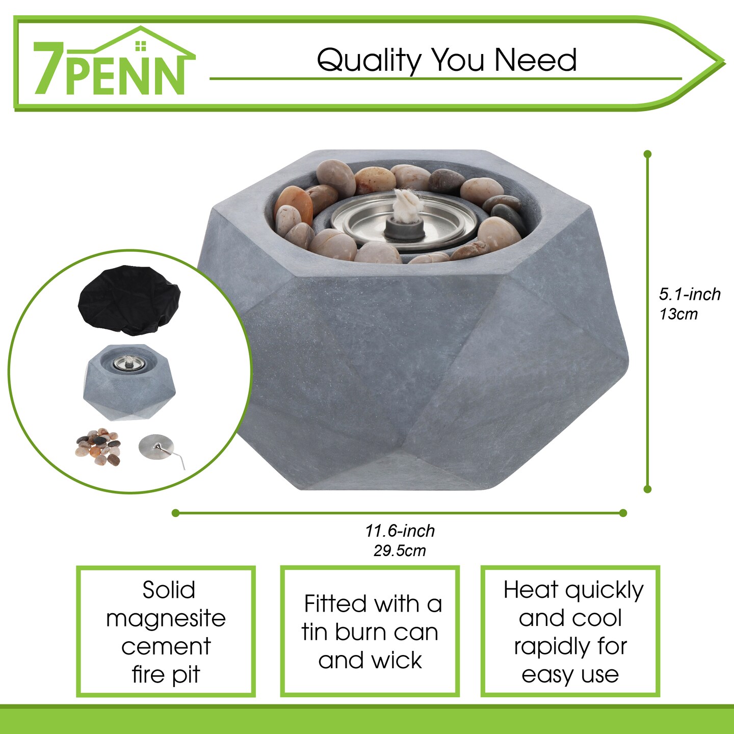 7Penn Tabletop Fire Pit Bowl - 11.6in Geometric Table Top Fire Bowl with Stones