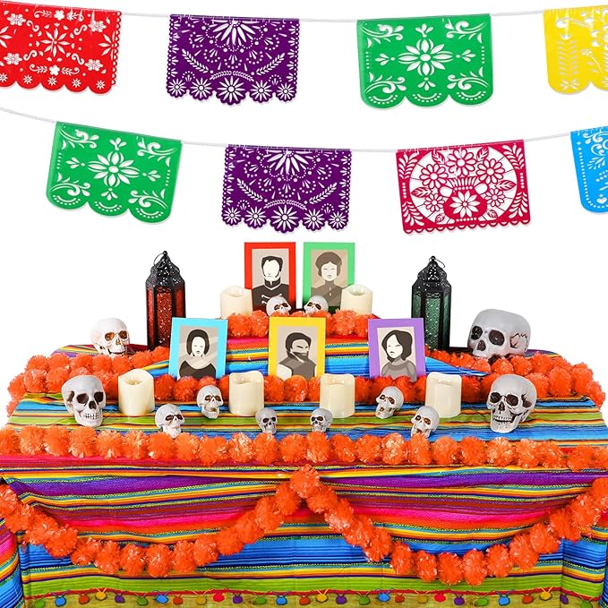 23 Pcs Day of The Dead Altar Decorations Set, Marigold Garland Mexican Banner Table Runner Paper LED Light Supplies Dia De Los Muertos Ofrendas Altar Decorations