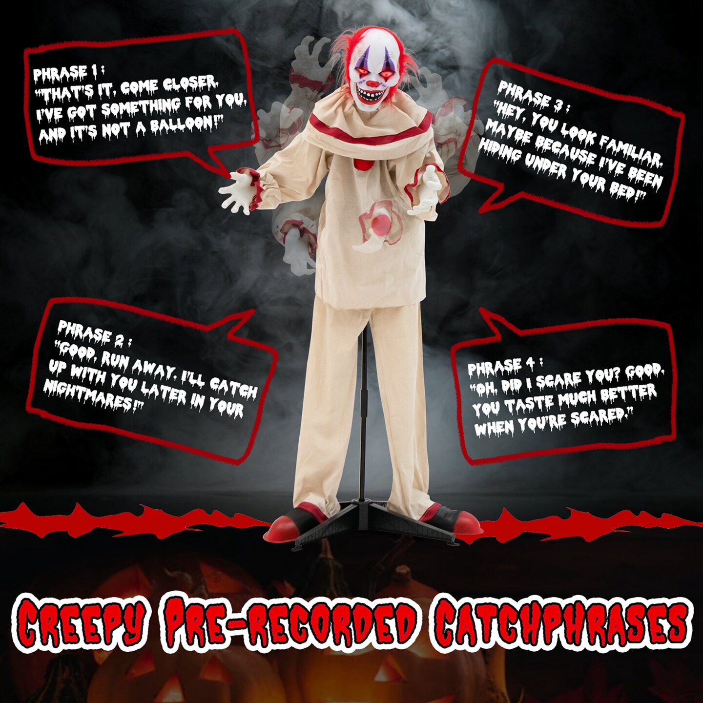 Costway 5 FT Grins Animatronic Killer Clown Halloween Decoration with Glowing Red Eyes