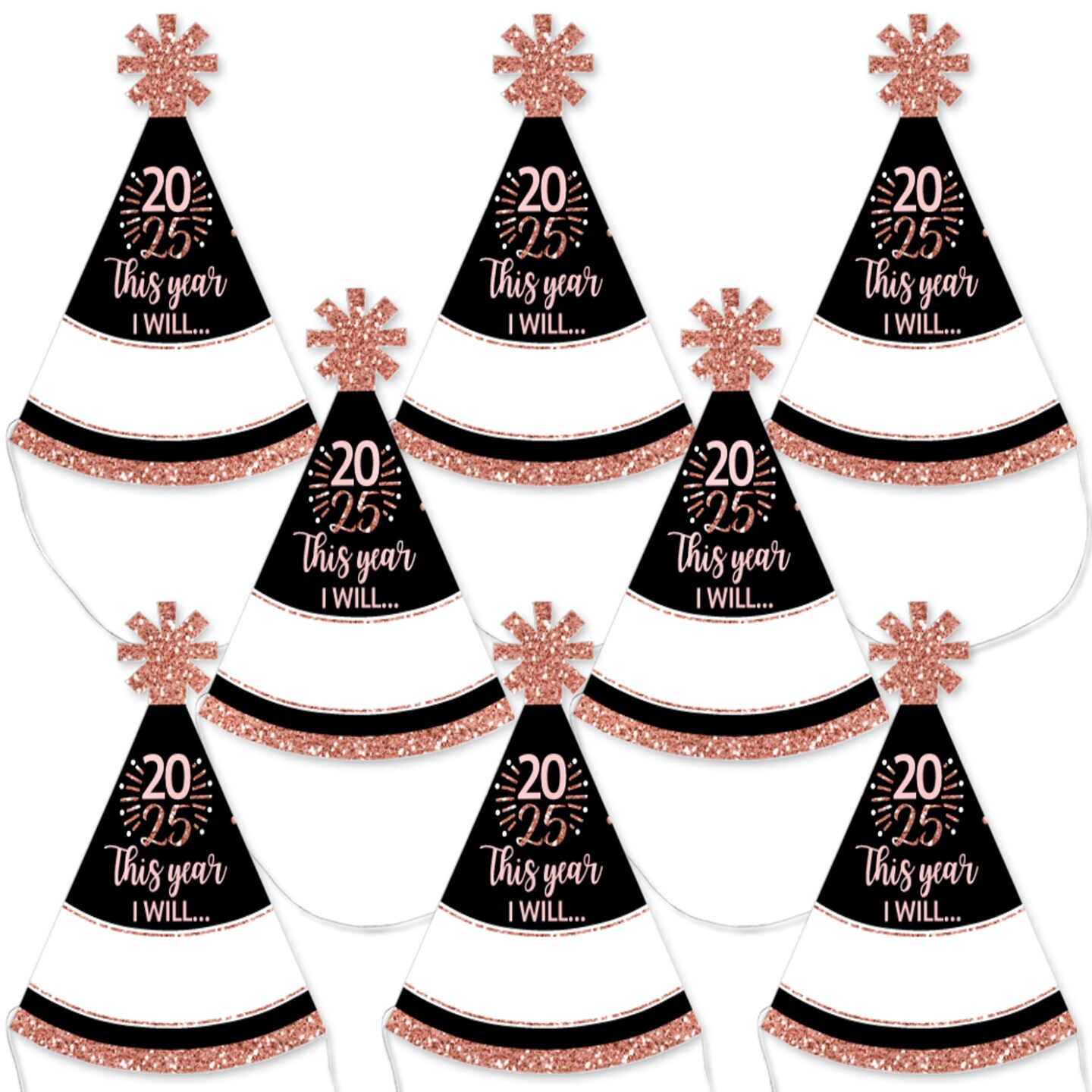 Big Dot of Happiness Rose Gold Happy New Year - Mini Cone 2025 New Year&#x27;s Eve Resolution Party Hats - Small Little Party Hats - Set of 8