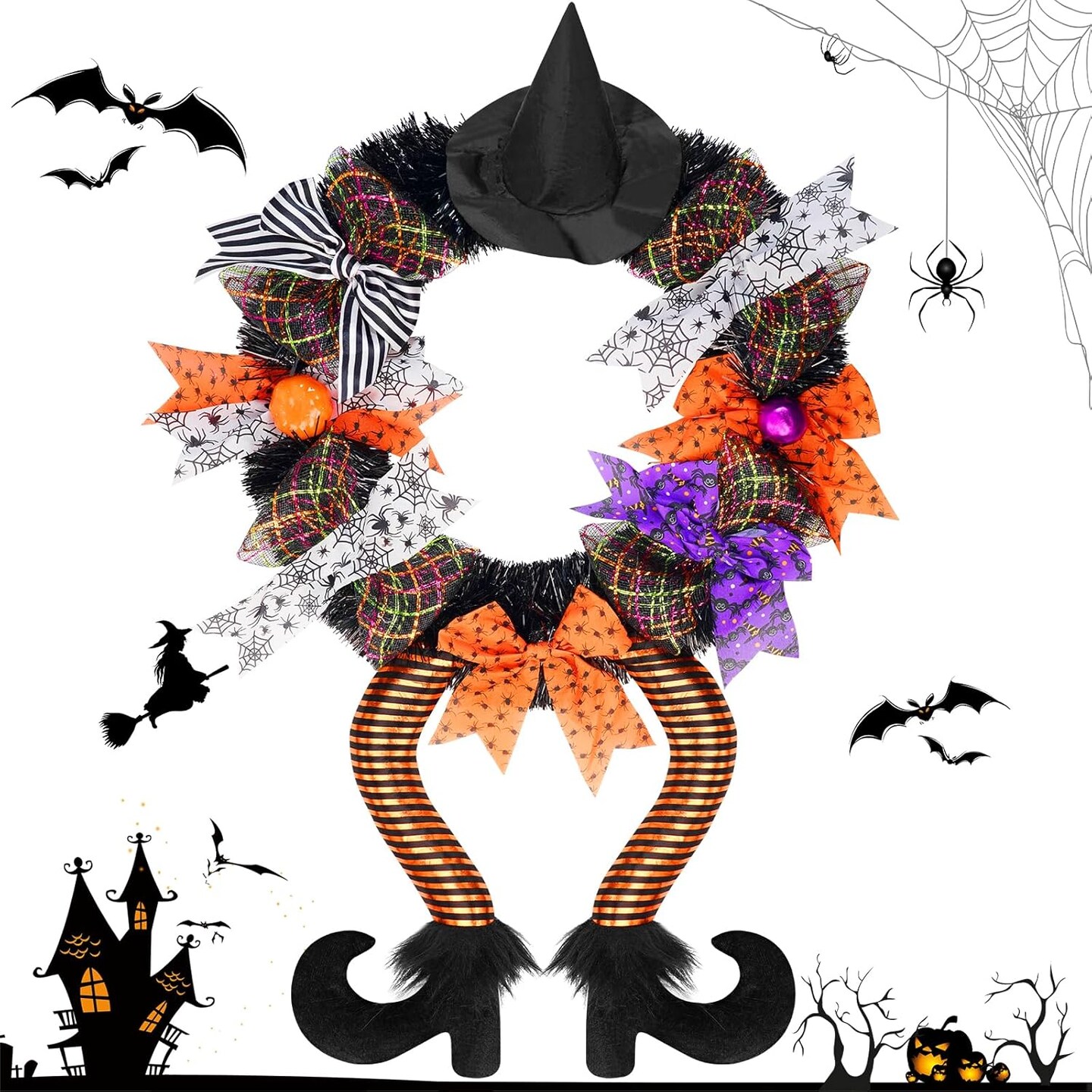 Halloween Wreath - 28 X 12&#x27;&#x27; Witch Wreaths for Front Door with Witch Hat Legs Pumpkin Harvest Silk Halloween Hanging Decor Wreath Sign Halloween Decorations for Door, Porch, Window,Indoor and Outdoor