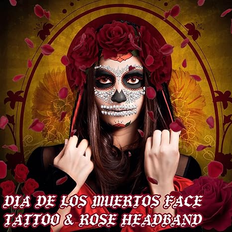 7 Pcs Day of the Dead Face Gems Tattoo and Floral Crown Garland Set, Makeup Halloween Temporary Rhinestone Stick on Skull Tattoo Stickers Red Rose Headband Headpiece for Women Girl Costume