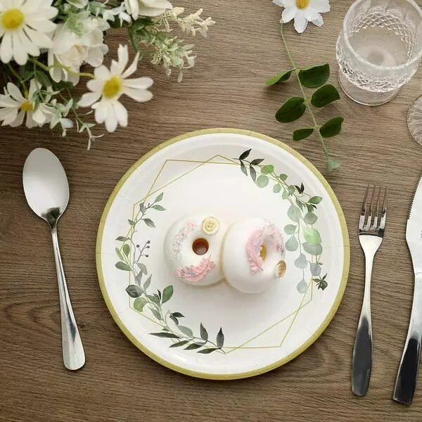 24 White 9" Round Paper Plates Eucalyptus Geometric Gold Rim Design Party Events